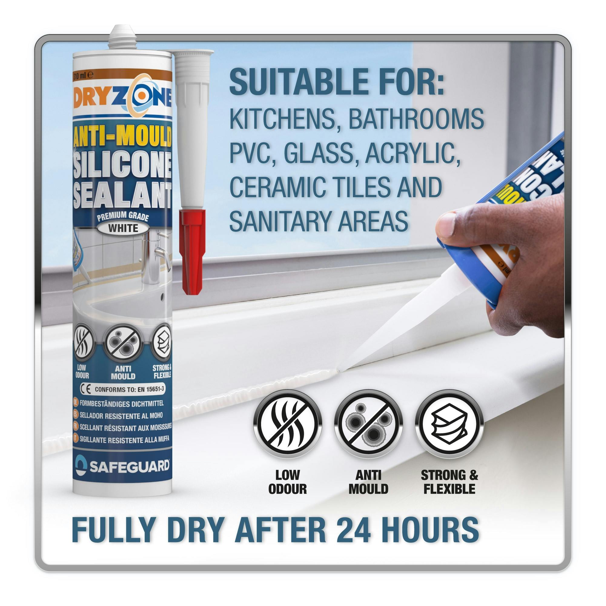 Dryzone Silicone Sealant Kit contains everything you need to reseal Bathrooms and Kitchens.