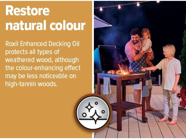 Roxil Enhanced Decking Oil gives a deep and dark tone and highlights natural wood grain